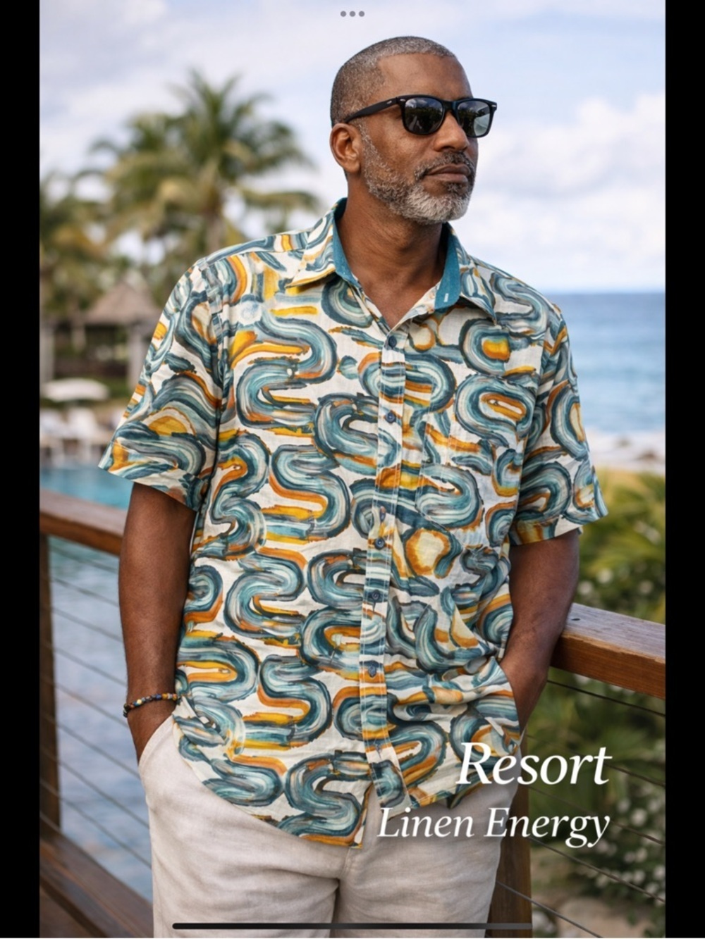 INSEARCH 5XL 100% Linen Abstract Resort Shirt Teal Orange Big & Tall Button Up